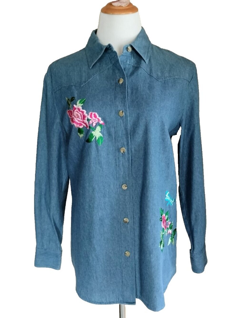 Coldwater Creek Embroidered Denim Tunic Top M Med Blue Wash Button Front